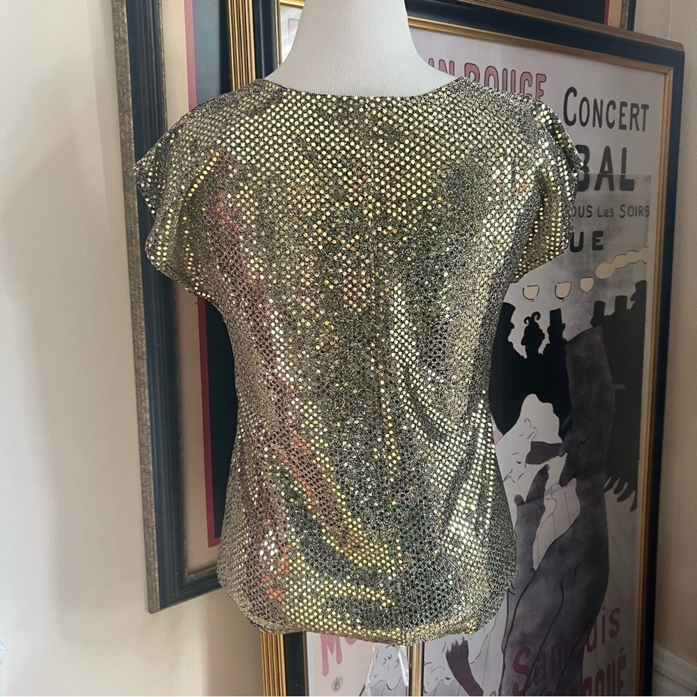 Joanna: Vintage Metallic Sparkle Gold Sequin Black Tank Blouse Top Size Medium - Picture 3 of 7